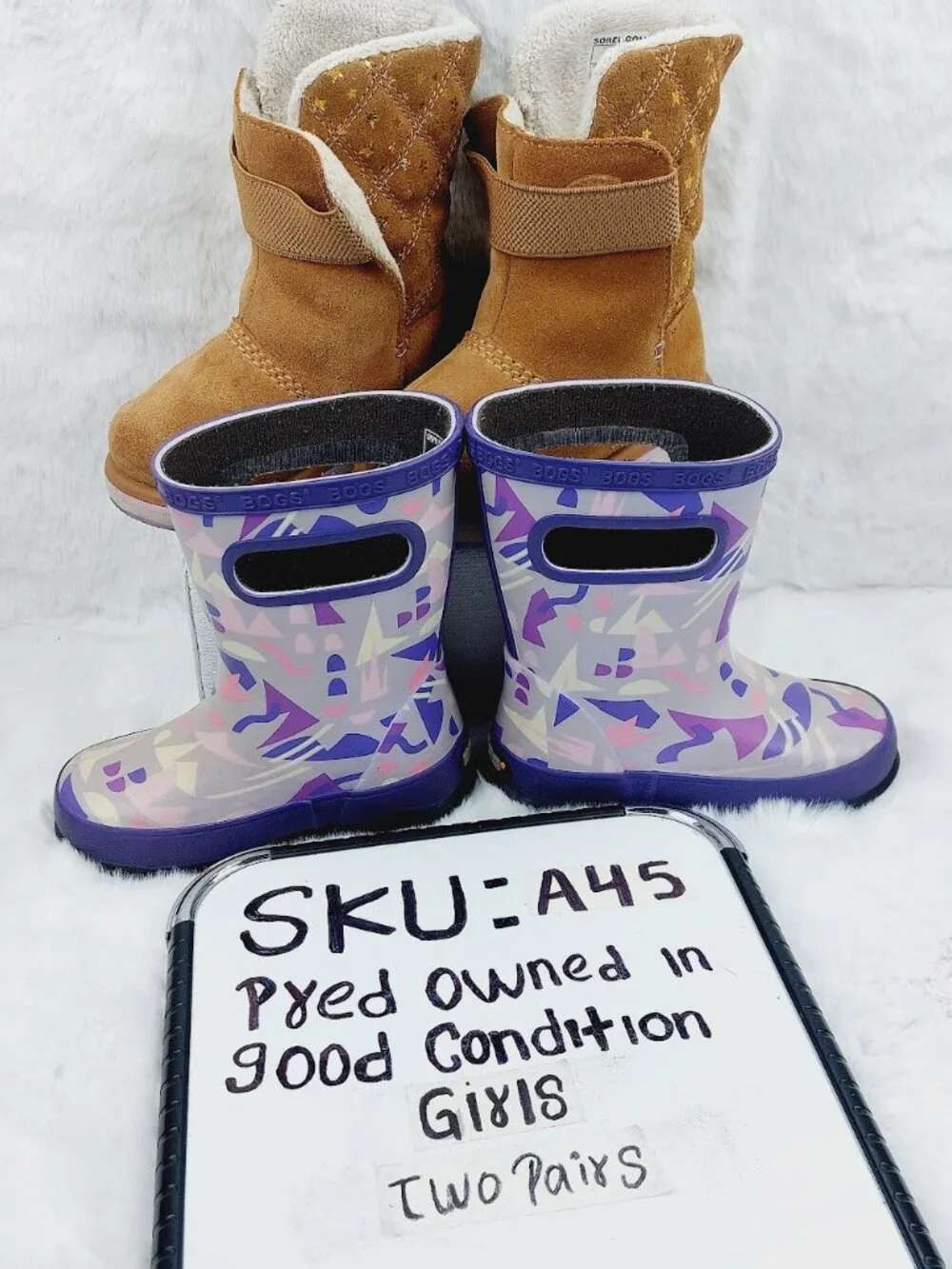 Set of 2 Sorel Bogs Girl's Brown Purple Suede Waterproof Ankle Snow Boots Size 8